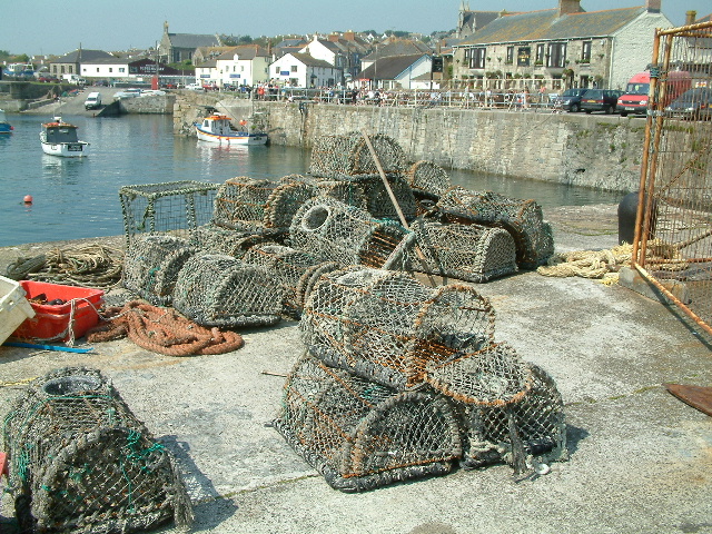 Crab pots in Porthleven inner harbour. 29 May 2003.